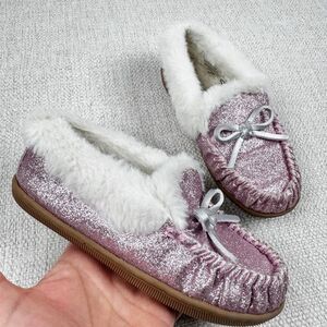 J Crew Youth Glitter Slippers Girls K12 Kids 12 Pink Faux Shearling Moccasin